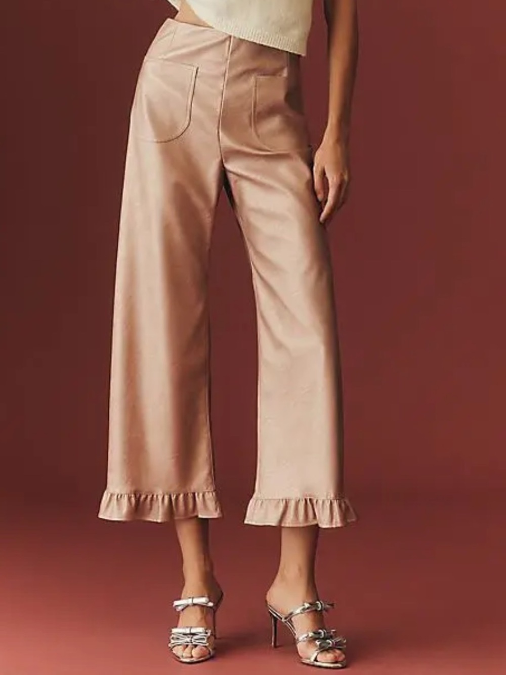 NWT Maeve Colette Crop Metallic Faux Leather Ruffle-Hem Pants Pink Metallic 27 - Picture 2 of 16